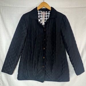 Women’s Chico’s Size 0 Black Quilted Light Jacket Snap Button Plaid Inside